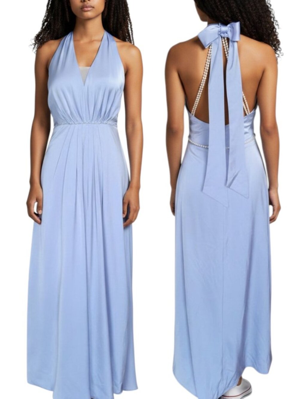 Women's Baby Blue Halter Bowtie Pearl Accent Maxi Dress Size Unknown